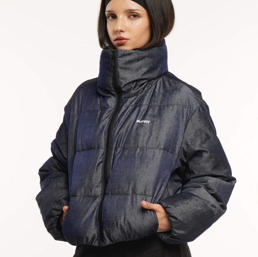 Puffit Stand-up Collar Cropped Puffer Jacket Splashproof Denim SIZE Small NWT!